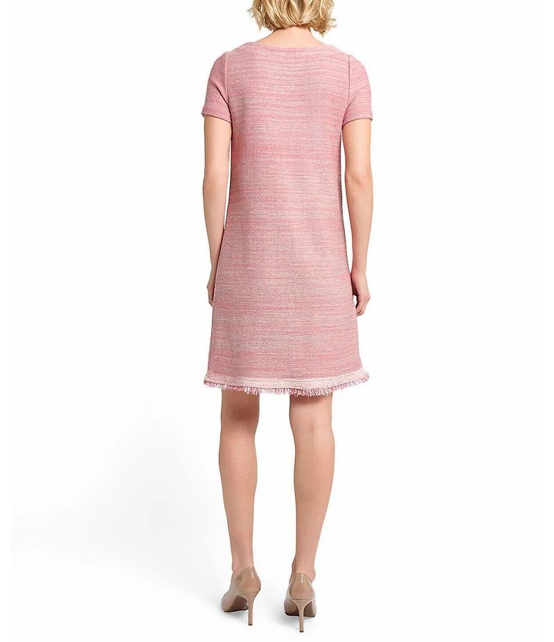 MISOOK Melange Knit Round Neck Short Sleeve Fringe Trim Shift Dress