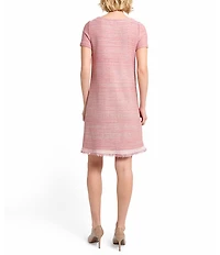 MISOOK Melange Knit Round Neck Short Sleeve Fringe Trim Shift Dress
