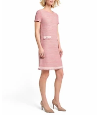 MISOOK Melange Knit Round Neck Short Sleeve Fringe Trim Shift Dress