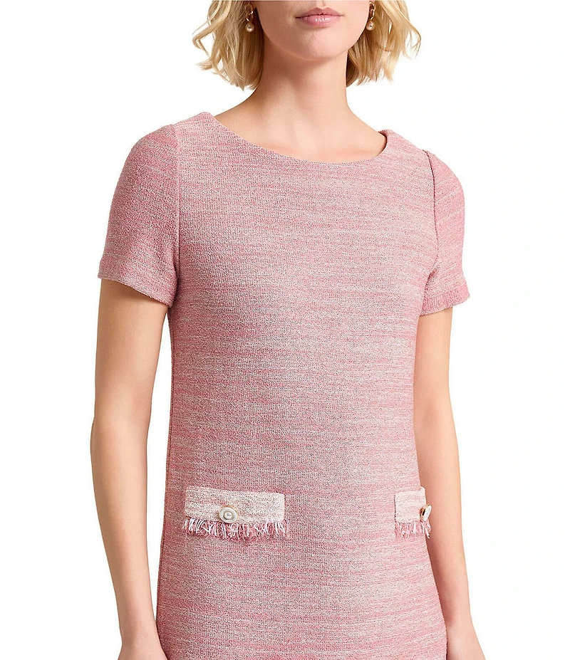MISOOK Melange Knit Round Neck Short Sleeve Fringe Trim Shift Dress