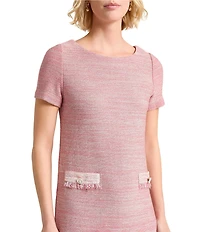 MISOOK Melange Knit Round Neck Short Sleeve Fringe Trim Shift Dress