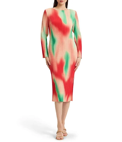MISOOK Mirco Pleated Crepe Jewel Neck Long Sleeve Midi Dress