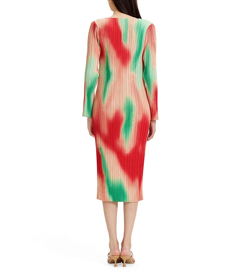 MISOOK Mirco Pleated Crepe Jewel Neck Long Sleeve Midi Dress