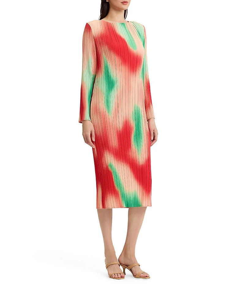 MISOOK Mirco Pleated Crepe Jewel Neck Long Sleeve Midi Dress