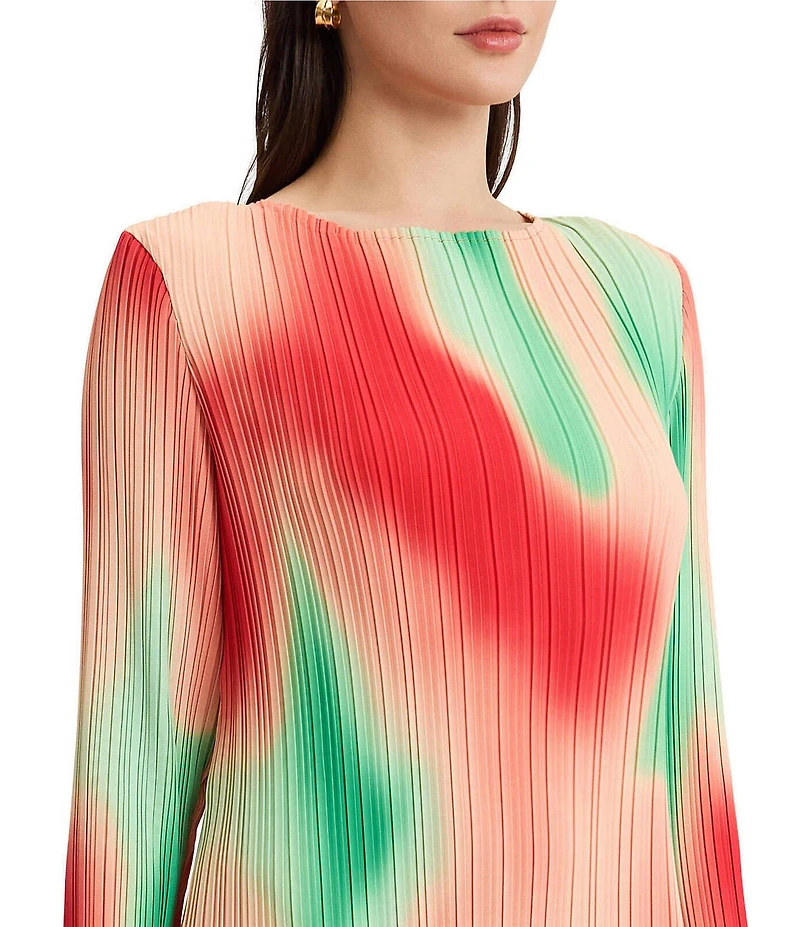 MISOOK Mirco Pleated Crepe Jewel Neck Long Sleeve Midi Dress