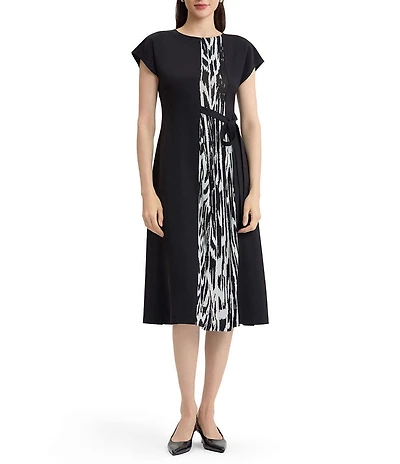 MISOOK Mixed-Media Abstract Animal Knit Panel Crew Neck Cap Sleeve Dress