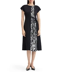 MISOOK Mixed-Media Abstract Animal Knit Panel Crew Neck Cap Sleeve Dress