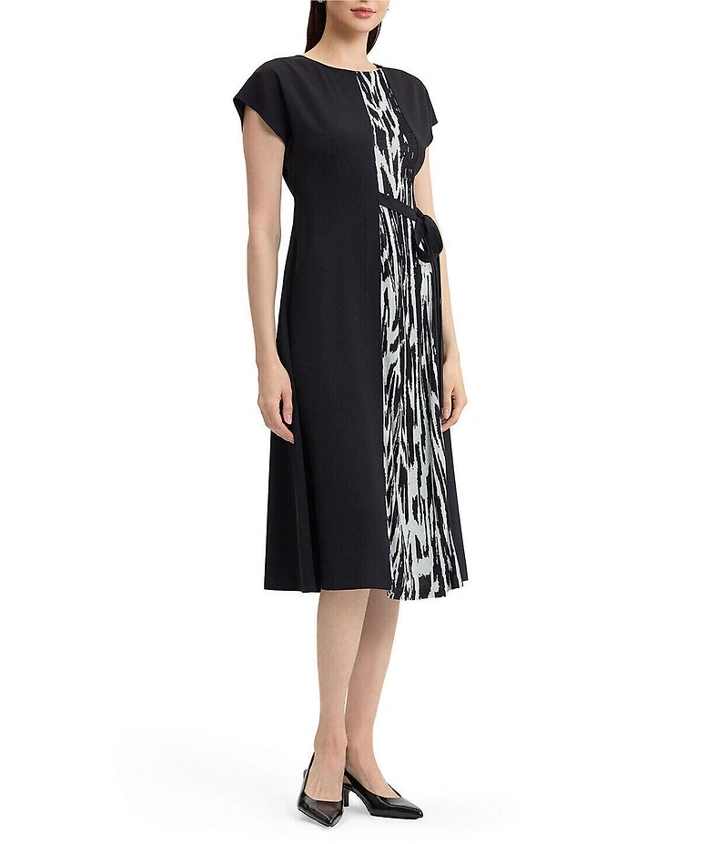 MISOOK Mixed-Media Abstract Animal Knit Panel Crew Neck Cap Sleeve Dress
