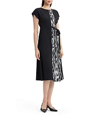 MISOOK Mixed-Media Abstract Animal Knit Panel Crew Neck Cap Sleeve Dress