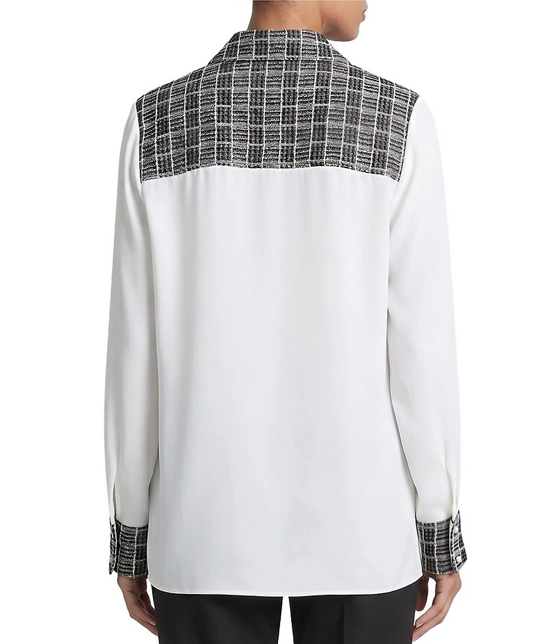 MISOOK Mixed-Media Point Collar Long Sleeve Button-Front Blouse