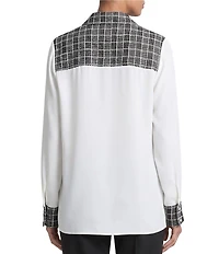 MISOOK Mixed-Media Point Collar Long Sleeve Button-Front Blouse