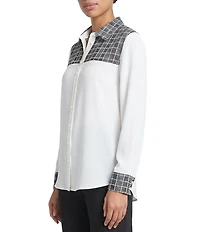 MISOOK Mixed-Media Point Collar Long Sleeve Button-Front Blouse