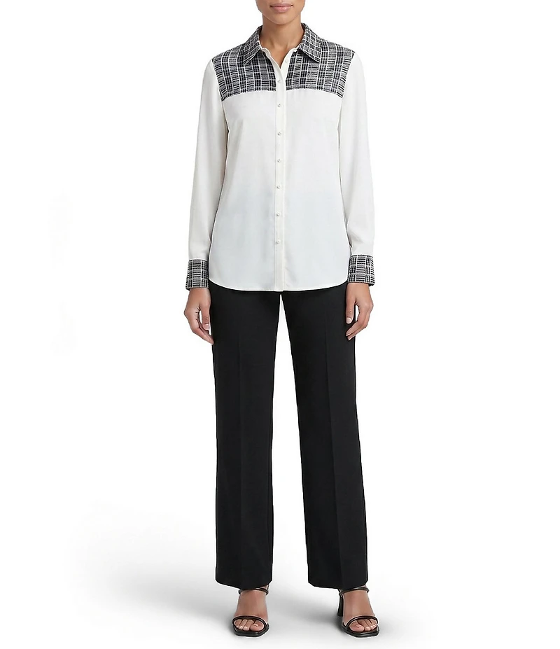 MISOOK Mixed-Media Point Collar Long Sleeve Button-Front Blouse