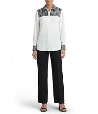 MISOOK Mixed-Media Point Collar Long Sleeve Button-Front Blouse