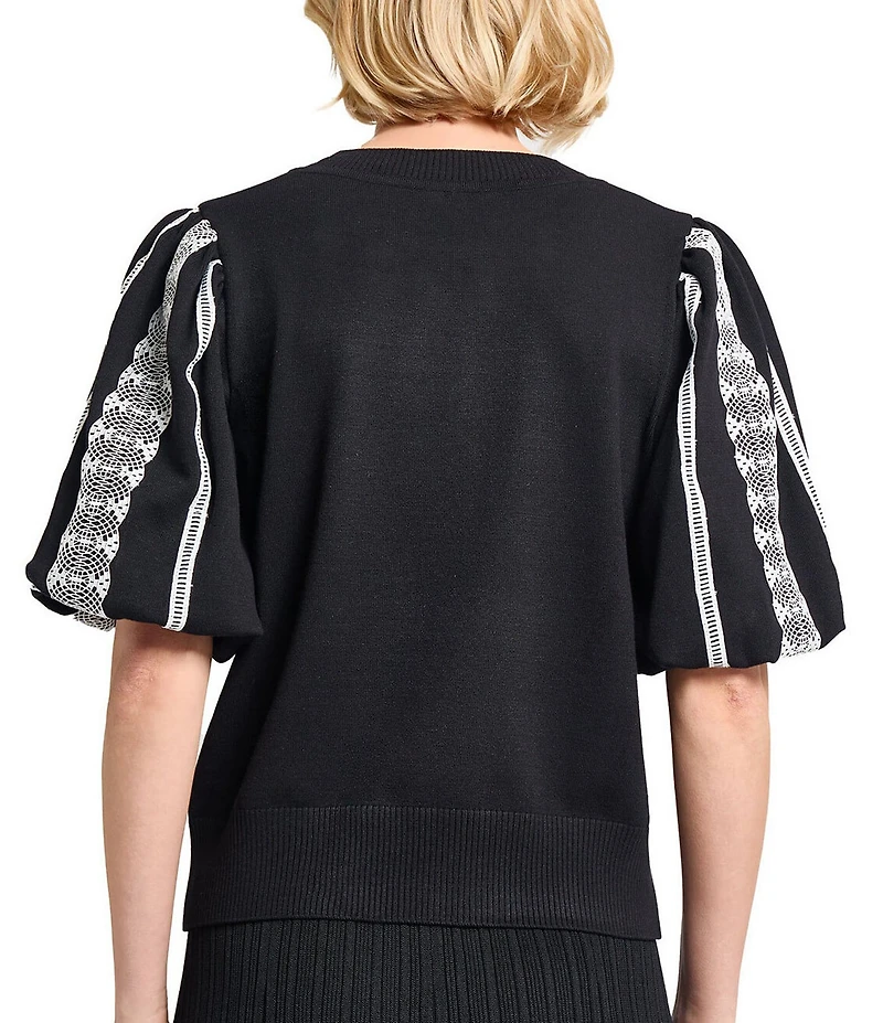 MISOOK Mixed Media Round Neck Lace Short Puff Sleeve Top