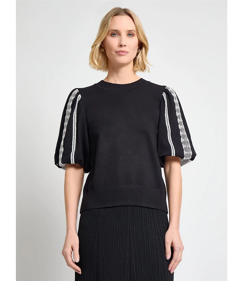 MISOOK Mixed Media Round Neck Lace Short Puff Sleeve Top