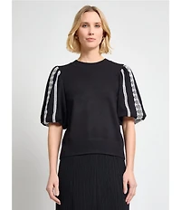 MISOOK Mixed Media Round Neck Lace Short Puff Sleeve Top