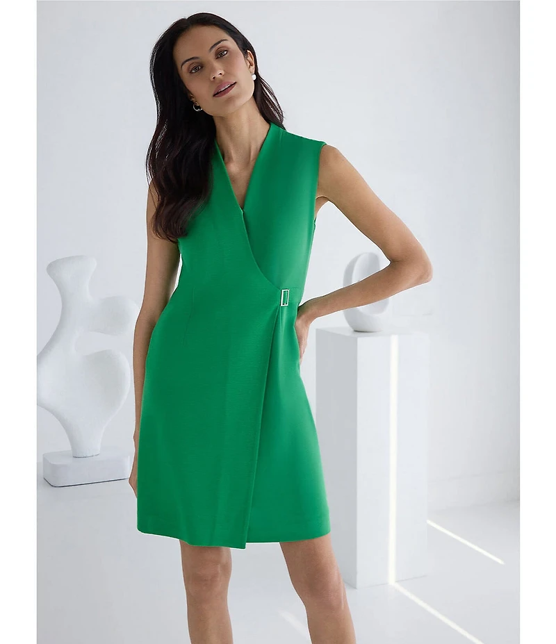 MISOOK Mixed-Media V-Neck Sleeveless Faux Wrap Sheath Dress