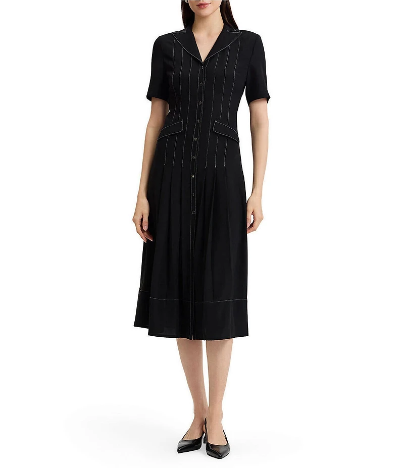 MISOOK Monochrome Crepe de Chine Peak Lapel Collar Short Sleeve Button-Front Dress