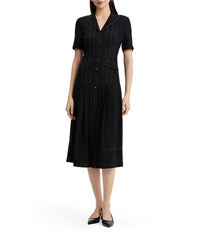 MISOOK Monochrome Crepe de Chine Peak Lapel Collar Short Sleeve Button-Front Dress