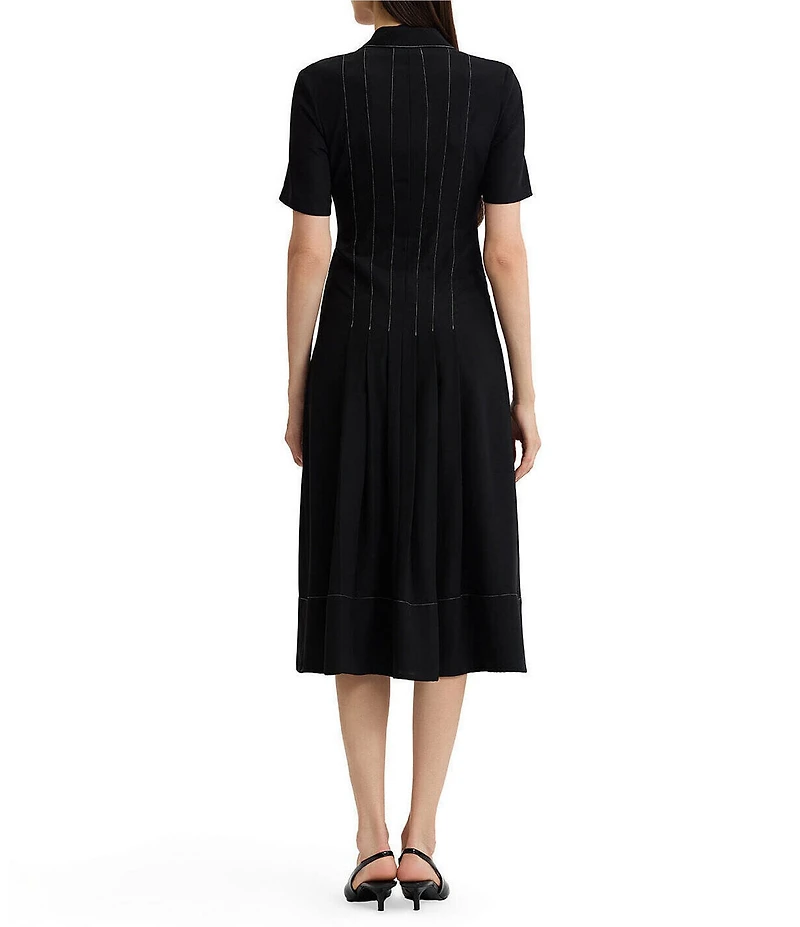 MISOOK Monochrome Crepe de Chine Peak Lapel Collar Short Sleeve Button-Front Dress