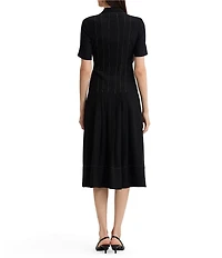 MISOOK Monochrome Crepe de Chine Peak Lapel Collar Short Sleeve Button-Front Dress