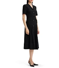 MISOOK Monochrome Crepe de Chine Peak Lapel Collar Short Sleeve Button-Front Dress