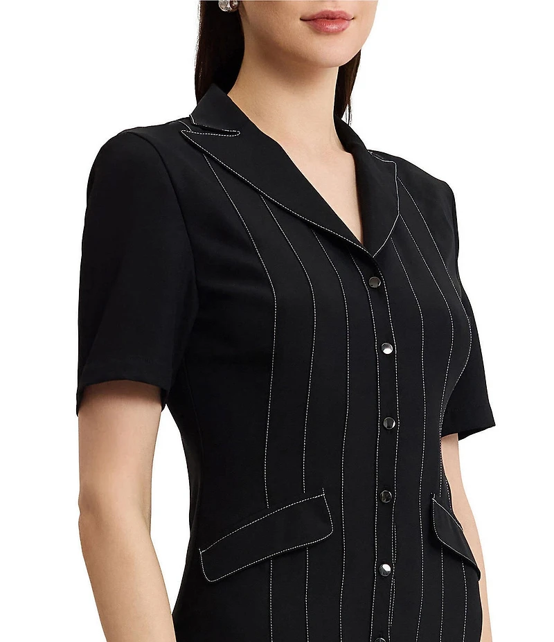 MISOOK Monochrome Crepe de Chine Peak Lapel Collar Short Sleeve Button-Front Dress