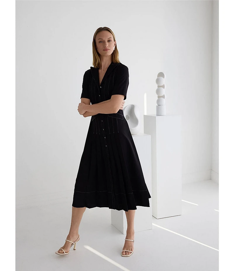 MISOOK Monochrome Crepe de Chine Peak Lapel Collar Short Sleeve Button-Front Dress