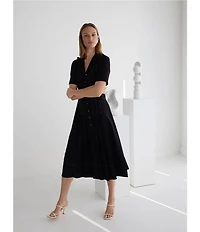 MISOOK Monochrome Crepe de Chine Peak Lapel Collar Short Sleeve Button-Front Dress
