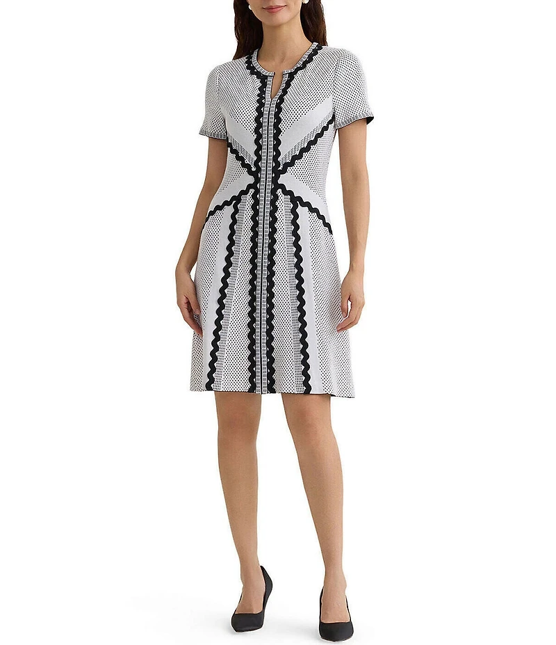 MISOOK Monochrome Dotted Stitch Soft Knit Split Jewel Neck Short Sleeve A-Line Dress