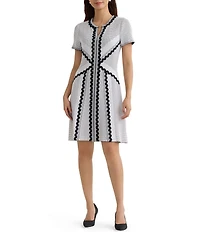 MISOOK Monochrome Dotted Stitch Soft Knit Split Jewel Neck Short Sleeve A-Line Dress