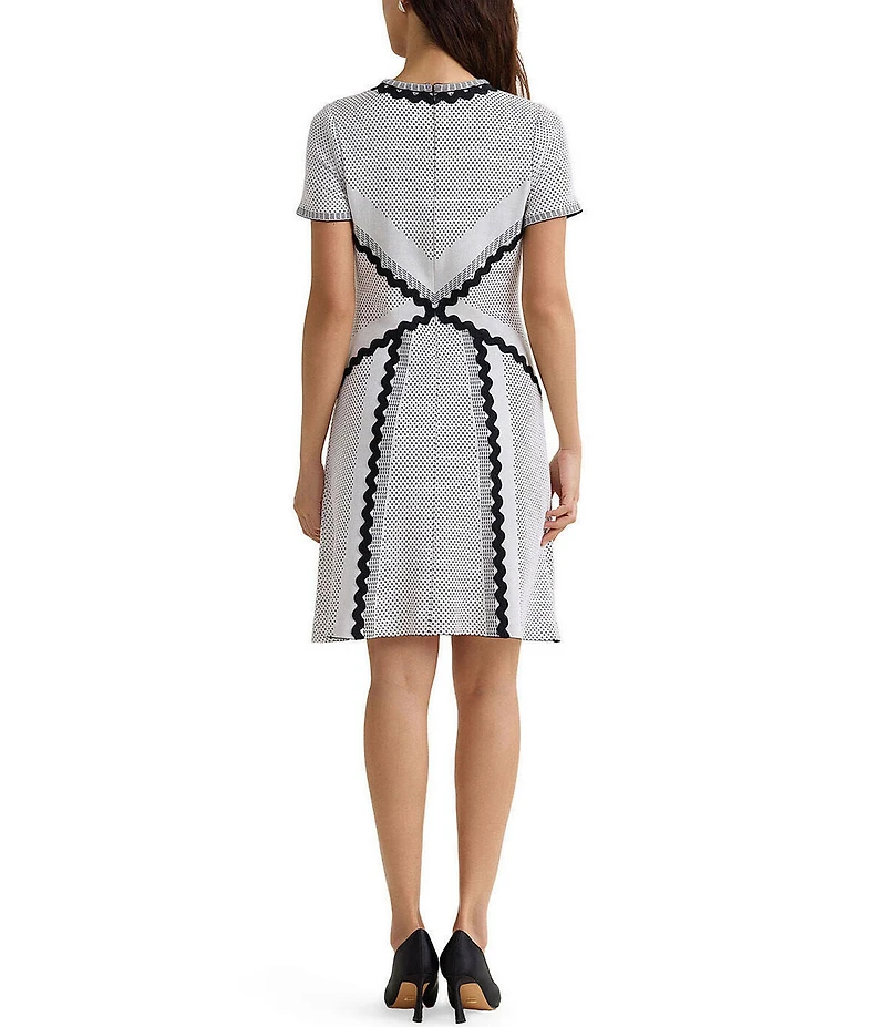 MISOOK Monochrome Dotted Stitch Soft Knit Split Jewel Neck Short Sleeve A-Line Dress