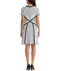 MISOOK Monochrome Dotted Stitch Soft Knit Split Jewel Neck Short Sleeve A-Line Dress