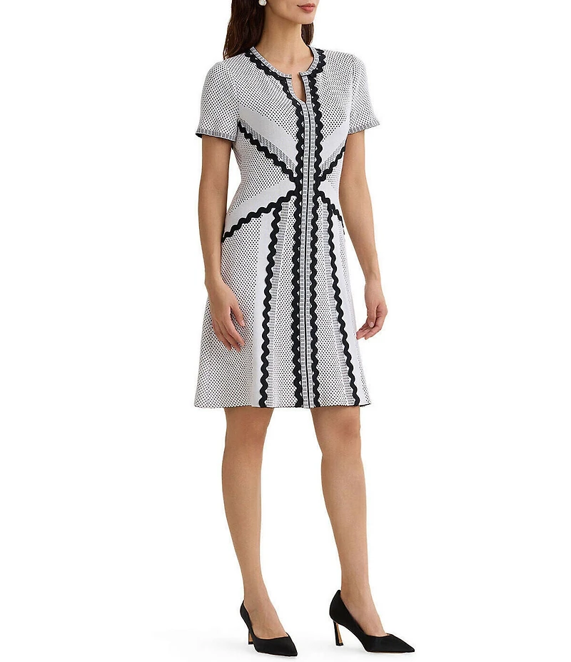 MISOOK Monochrome Dotted Stitch Soft Knit Split Jewel Neck Short Sleeve A-Line Dress