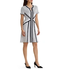 MISOOK Monochrome Dotted Stitch Soft Knit Split Jewel Neck Short Sleeve A-Line Dress