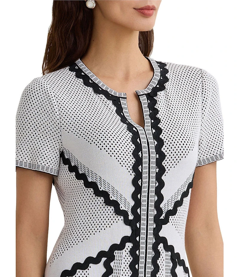 MISOOK Monochrome Dotted Stitch Soft Knit Split Jewel Neck Short Sleeve A-Line Dress