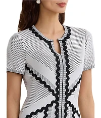 MISOOK Monochrome Dotted Stitch Soft Knit Split Jewel Neck Short Sleeve A-Line Dress