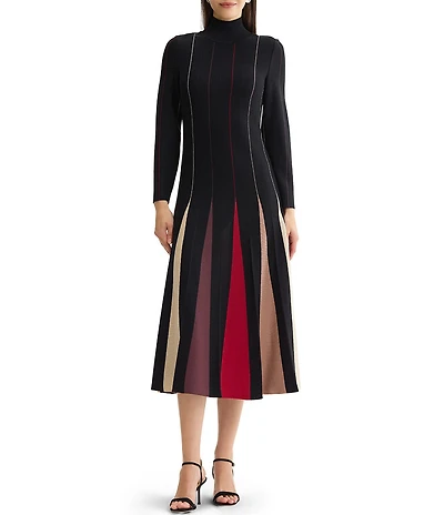 MISOOK Multi-Color Soft Knit Mock Neck Long Sleeve Fit-And-Flare Dress