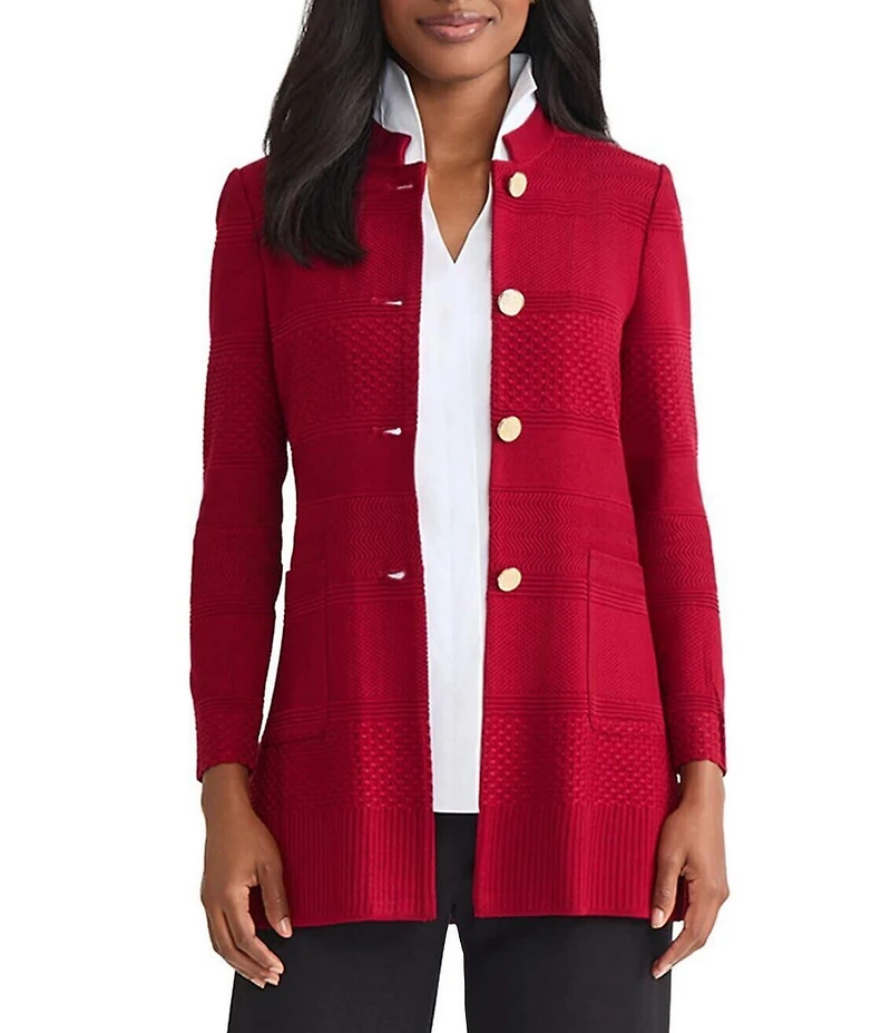 MISOOK Multi-Stitch Tonal Knit Mandarin Collar Long Sleeve Jacket