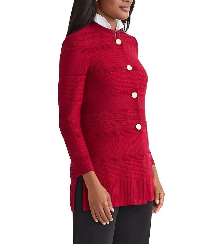 MISOOK Multi-Stitch Tonal Knit Mandarin Collar Long Sleeve Jacket