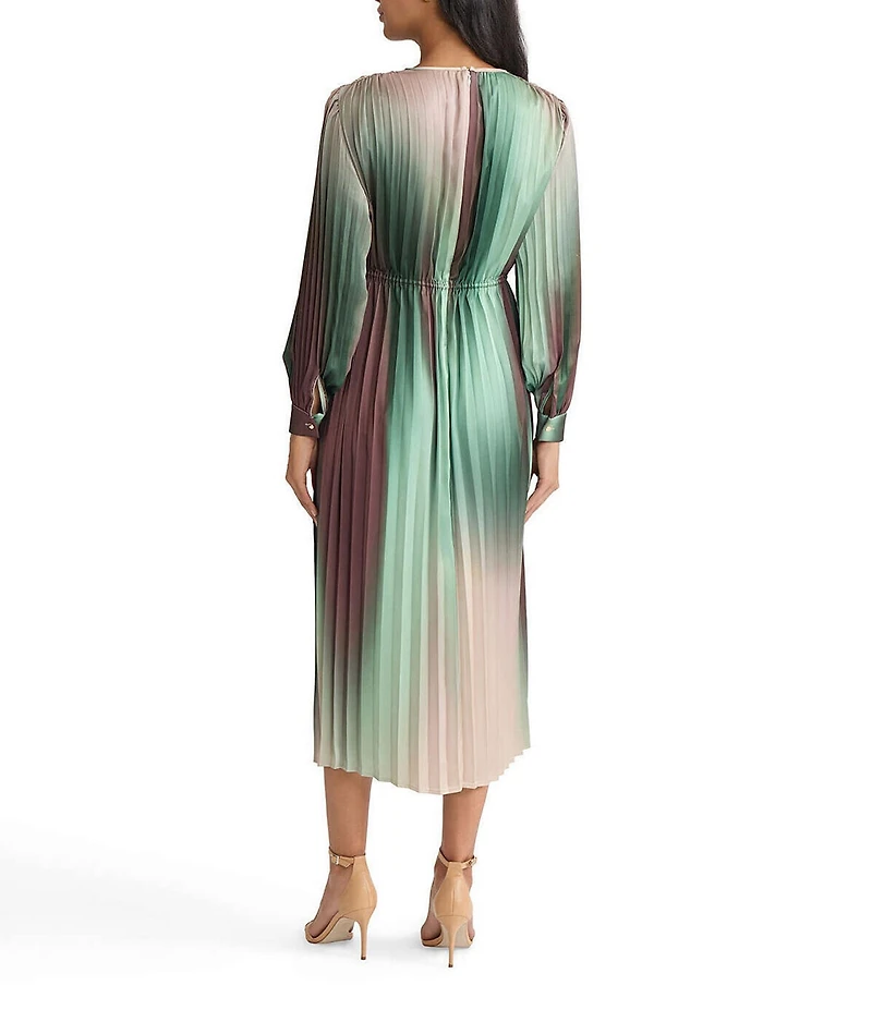 MISOOK Ombre Crepe De Chine Pleated Round Neck Long Sleeve Midi Dress