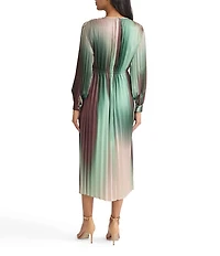 MISOOK Ombre Crepe De Chine Pleated Round Neck Long Sleeve Midi Dress