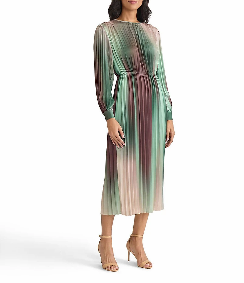MISOOK Ombre Crepe De Chine Pleated Round Neck Long Sleeve Midi Dress