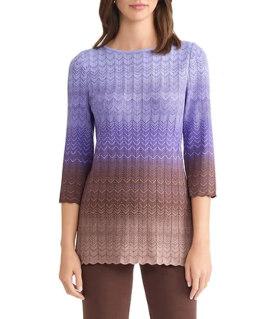 MISOOK Ombre Pointelle Soft Knit Round Neck 3/4 Sleeve Tunic