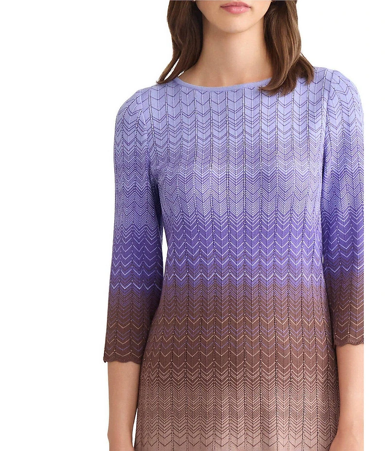 MISOOK Ombre Pointelle Soft Knit Round Neck 3/4 Sleeve Tunic