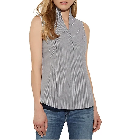 MISOOK Pinstripe Stretch Cotton High V-Neck Sleeveless Blouse