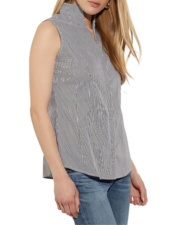 MISOOK Pinstripe Stretch Cotton High V-Neck Sleeveless Blouse