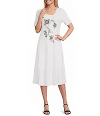 MISOOK Placement Floral Print Scallop Trim Textured Knit Scoop Neck Short Sleeve A-Line Midi Dress