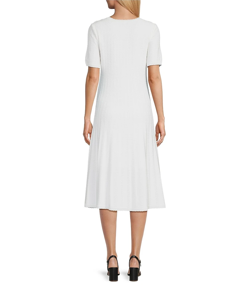 MISOOK Placement Floral Print Scallop Trim Textured Knit Scoop Neck Short Sleeve A-Line Midi Dress